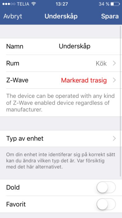 Skärmdump av enhetsinställningar med texten "Markera trasig" under Z-Wave alternativet.