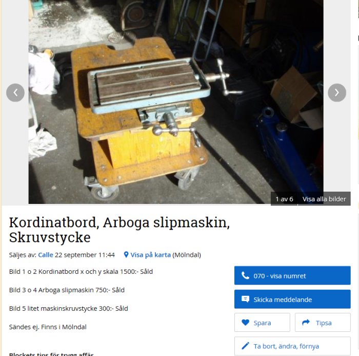 Kordinatbord och skruvstycke på ett verktygsbord i ett rörigt garage, från en rolig annons.