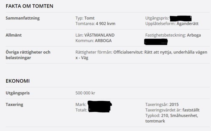 Dokument med fakta om en tomt, inklusive storlek, läge, pris och taxeringsvärde, med viss information dold.