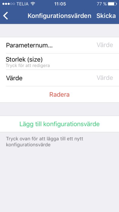 Skärmdump av konfigurationsmeny i en app med otydliga parametrar och värden samt en radera-knapp.