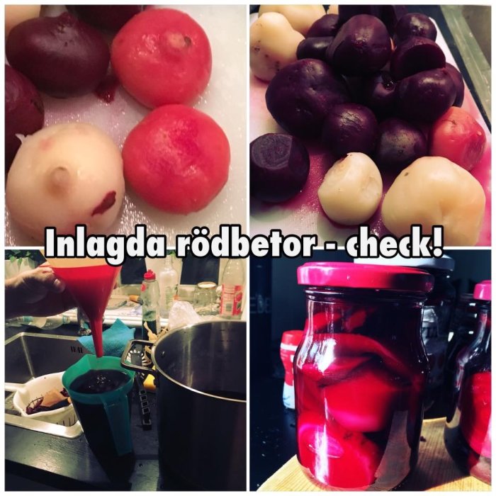 Collage av rödbetor i olika stadier av inläggning - sköljda, skalade, skivade, och inlagda i burkar med text "Inlagda rödbetor -- check!