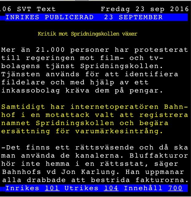 Text-TV-sida från SVT med nyhetsrubrik om kritik mot Spridningskollen och 21000 protesterande.