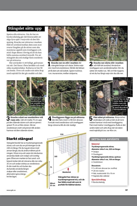 Instruktionsbilder för att sätta upp ett stängsel, inklusive måttangivelser och tillvägagångssätt.