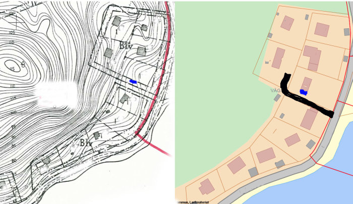Jämförande bild av äldre tomtkarta och modern karta med blå markering på föreslagen plats för uterum vid befintlig fastighet.