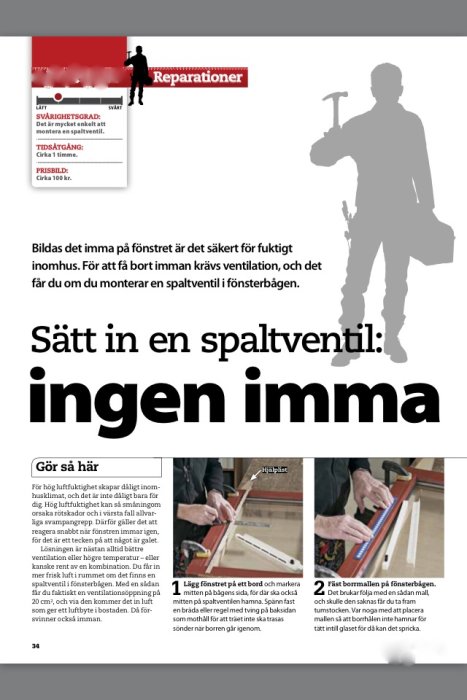 Instruktionsguide för att installera en spaltventil i ett fönster för att förhindra imma, inkluderar bilder på stegen i processen.