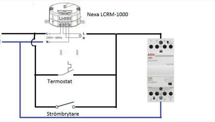Elkopplingsschema för termostat med Nexa LCRM-1000, strömställare och indikatorlampa.