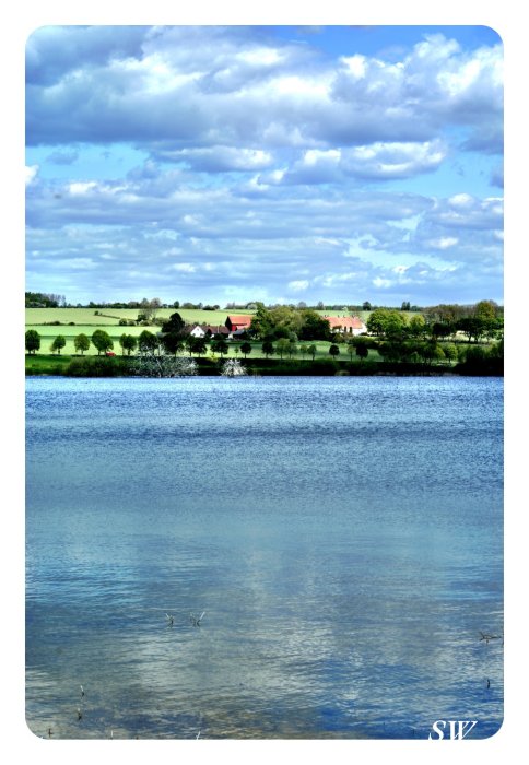 Vy över en sjö med fåglar framför landskap med hus och gröna fält under en himmel med moln.