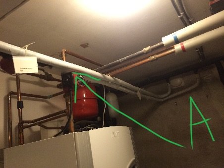 Installation med luftkonditionering, rör och komponenter märkta A för cirkulationspump.