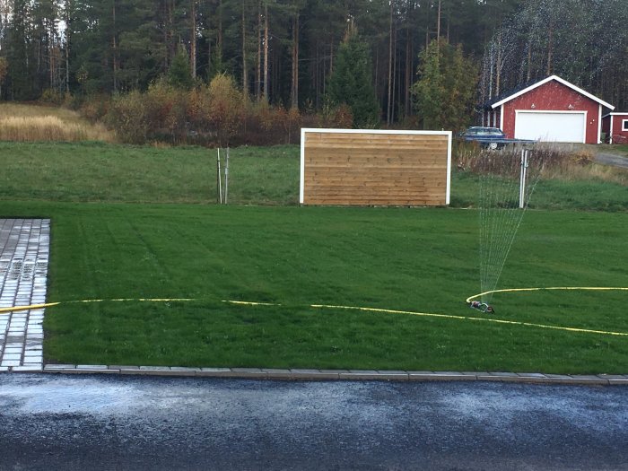 Väl underhållet grönt gräs med vattenspridare och röd husbakgrund en månad efter sådd.