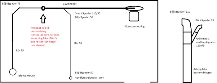 Schema över avloppsrör med olika vinklar och anslutningar för ett byggprojekt.