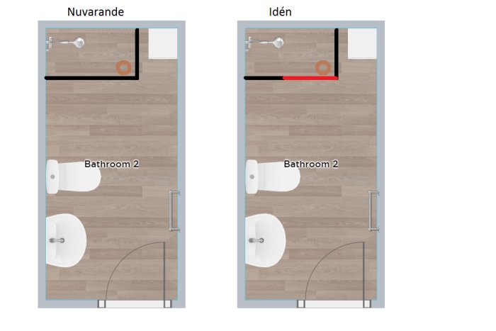 Jämförelse av nuvarande och förslaget planlösningar för badrum med felplacerad avloppsbrunn.