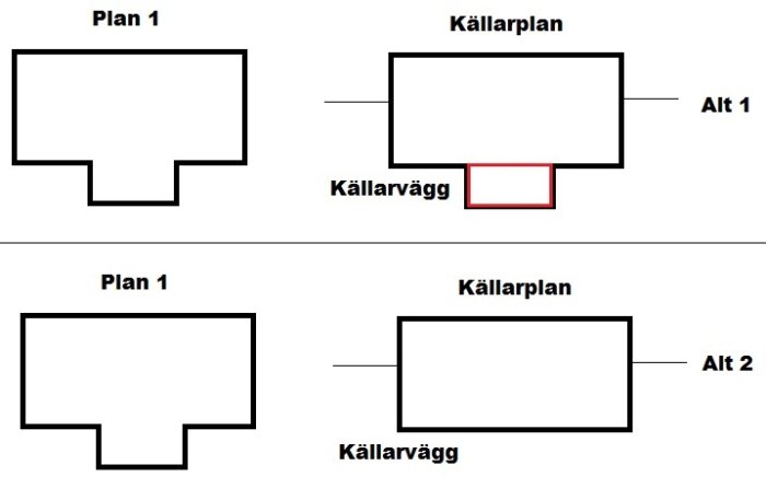 Två skissade planlösningar för suterränghus med utbyggnad på övre plan och alternativa källarväggar.