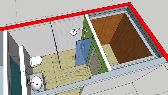 3D-ritning av en källarvåning med planerat badrum och bastu, inklusive mått och layout.