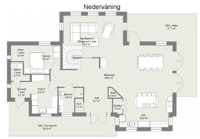 Planritning av en nedervåning med utrymmen som vardagsrum, kök, sovrum, bad och teknikrum utsatta med mått.