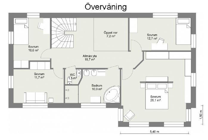 Planritning över en övervåning med sovrum, badrum, WC och allmän yta markerade med mått.