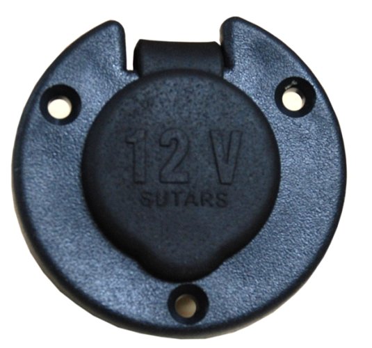 Svart väggkontakt med texten "12 V" i relief, rund design med tre skruvhål.