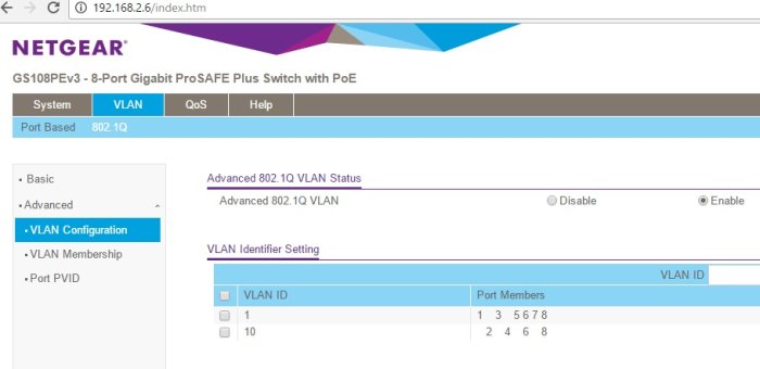 Skärmdump av Netgear-switch VLAN-konfigurationssida med inställningar för VLAN ID och portmedlemmar.