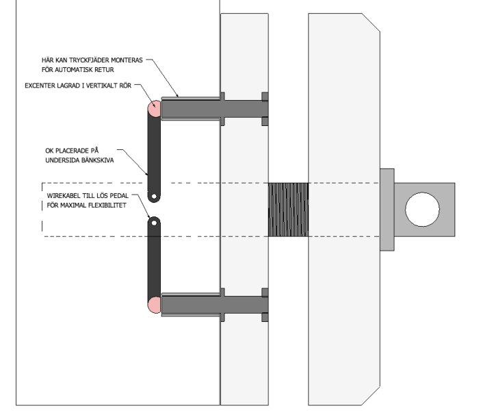 Schematisk illustration av en konstruktionsritning för en lös pedal med wire och beskrivande text.