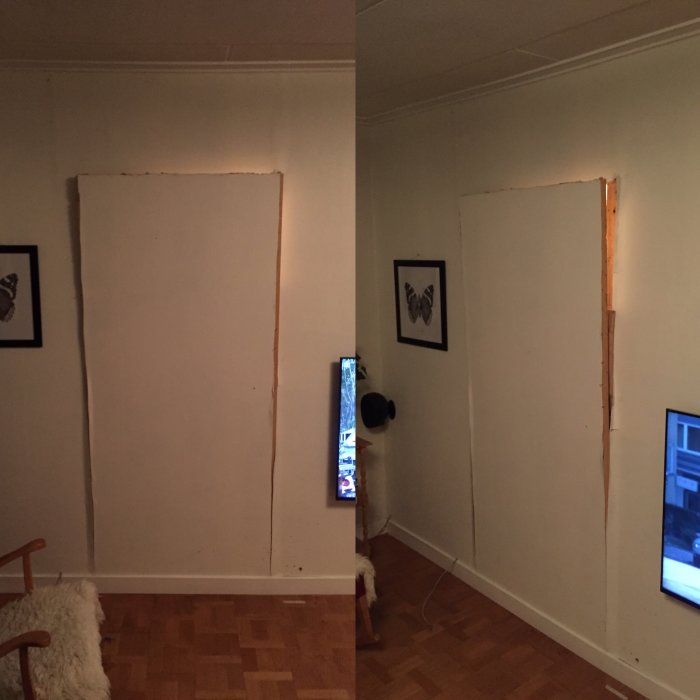 Delvis återöppnad vägg där en tidigare dörr varit, med synliga brädor och en skymt av rum på andra sidan.