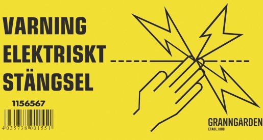 Skylt med texten "Varning Elektriskt Stängsel" och en illustration av en hand som rör vid ett elektrifierat stängsel.