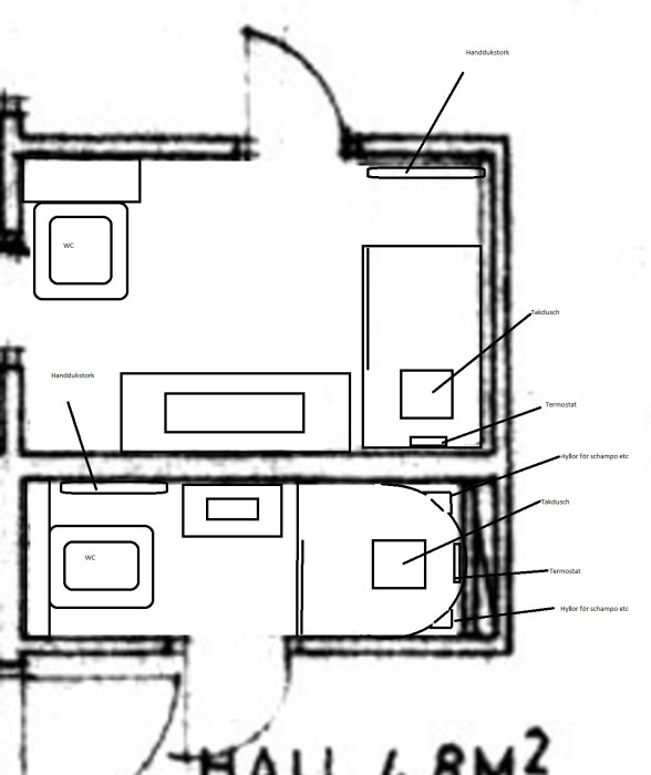Ritning av ett badrum med markerad U-formad vägg för tänkt duschutrymme.