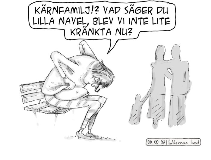 Illustration av person sittande på bänk, förtvivlad, med pratbubbla, samt silhuetter av två personer.