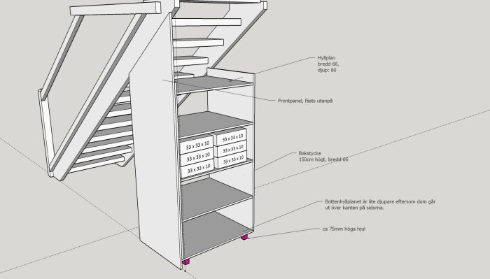 Ritning av en trapphylla med måttangivelser, hjul och markerad plats för frontpanel.