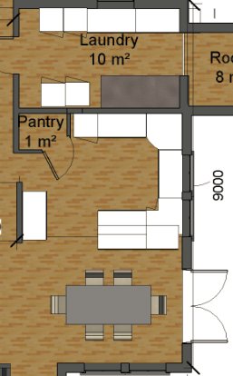 Skiss av kökslayout i U-form med angränsande tvättstuga och matplats, markerade mått och möblering.