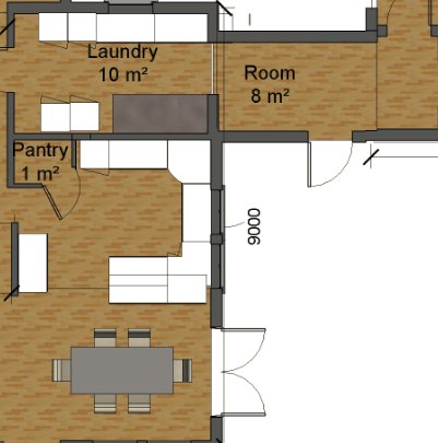 Ritning över ett hus med detaljerade mått för köksområdet, innehållande U-format kök och matplats.