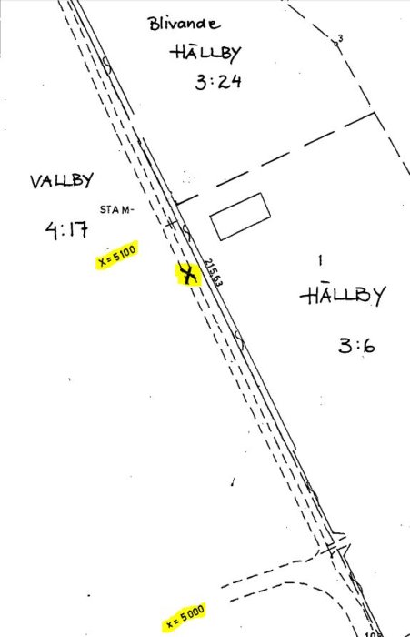 Kartutdrag från lantmäteriet som visar en smal väg och markerade punkter med x = 5000 och x = 5100.