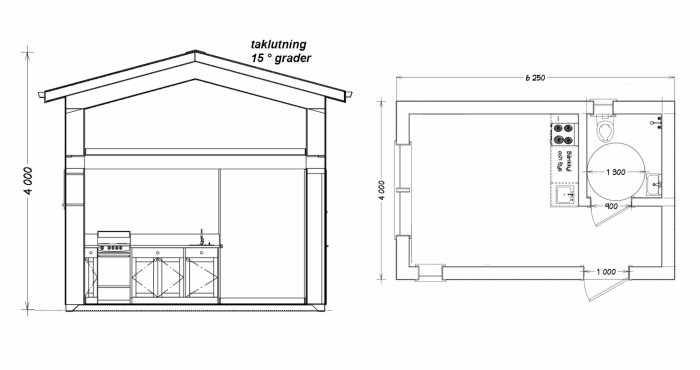 Arkitektoniska ritningar av en byggnad, inklusive sektion och planvy, med mått och inredningsdetaljer.