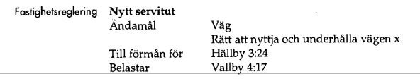 Utdrag från dokument som beskriver nytt servitut för vägunderhåll för fastigheter i Hällby och Vallby.