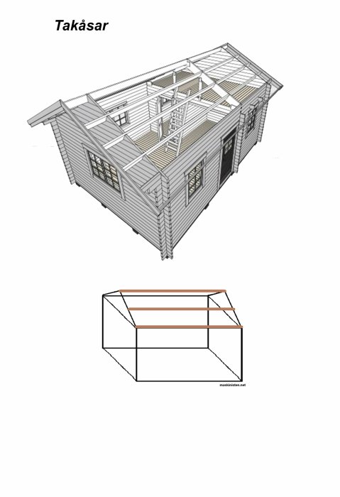 3D-modell och skiss av komplementbostadshus med takåsar som alternativ för takkonstruktion.