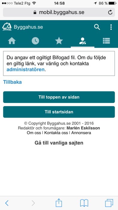 Skärmdump av ett felmeddelande på bygghus.se mobilwebbplats som säger "Du angav ett ogiltigt bifogad fil".