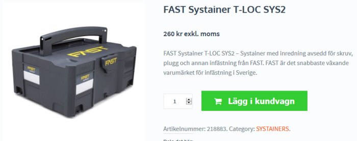 FAST Systainer T-LOC SYS2, en stapelbar verktygslåda i grått med FAST-logotyp och svart handtag.