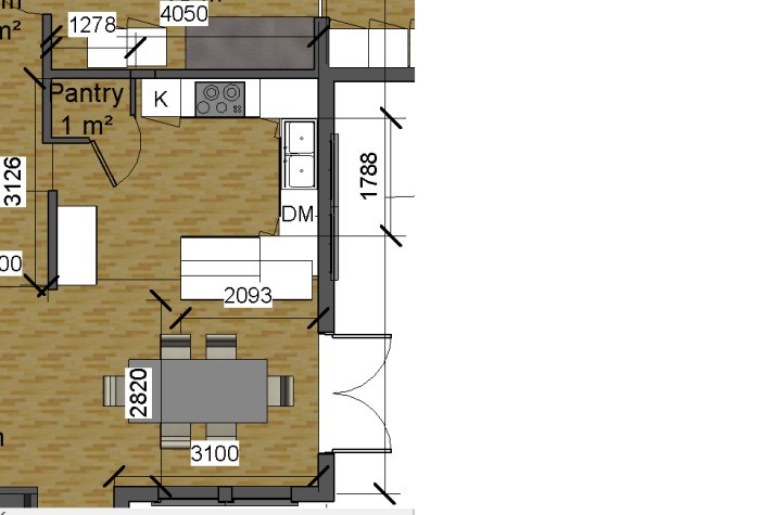 Ritning av kökslayout utan frys, inklusive dimensioner och placering av möbler och apparater.