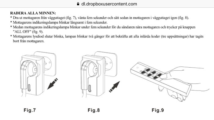 Illustration som visar processen för att återställa en fjärrkontrolls minne genom att koppla ur och sätta i mottagaren samt trycka på en knapp.