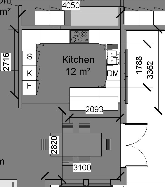 Planritning av ett kök som visar placeringen av frysen, högskåp, och matplats layouten.