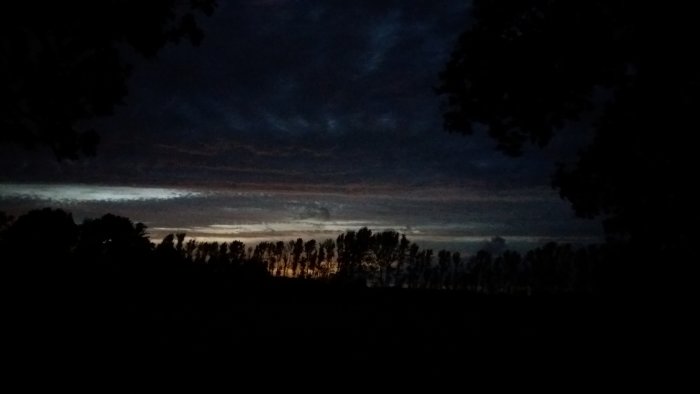 Kvällshimmel med molnstrimmor över silhuetten av träd och terräng.