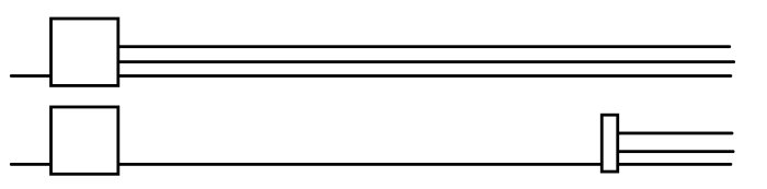 Schematisk bild av kabeldragning, övre visar parallella linjer, nedre linjer möts i en punkt med en extra enhet.