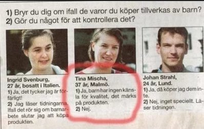 Tre personers åsikter i en tidningsartikel, markering kring en av personerna.