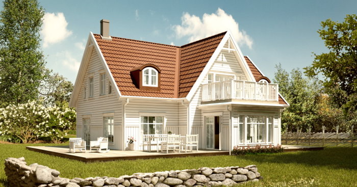 3D-rendering av en vit villa med två våningar, mansardtak, frontespis och balkong omgiven av grönska.