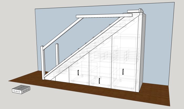 Skiss av en trappa med inbyggda förvaringshurtsar och en intilliggande vägg.
