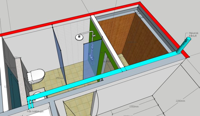 3D-ritning av en badrumsplanlösning med indikationer för ventilationssystemet samt måttangivelser.