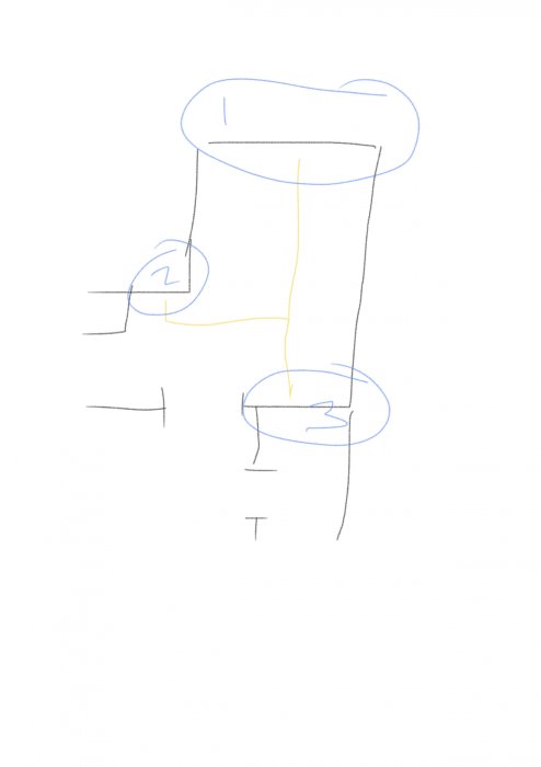 Enkel skiss som illustrerar en omdragning av rörsystem för element, med markerade punkter för arbete.