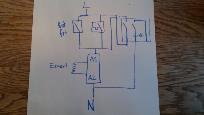 Handritad elektrisk kretsschema på papper som visar koppling av glimlampa och termostat.