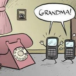 Tecknad bild av en gammal telefon och moderna mobiltelefoner med pratbubbla som säger "GRANDMA!