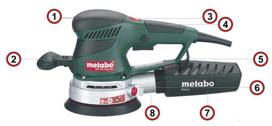 Metabo SXE 450 TurboTec excenterslip med inställningsknappar och dammuppsamlingsbehållare.