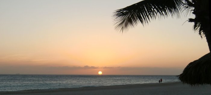 Solnedgång vid havet med palmgren och silhuetter av personer på stranden.