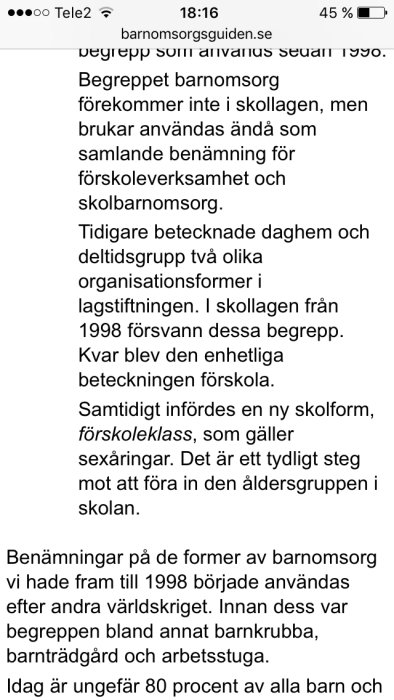 Skärmdump av en text om historien bakom benämningar inom barnomsorg från baromsorgsguiden.se.